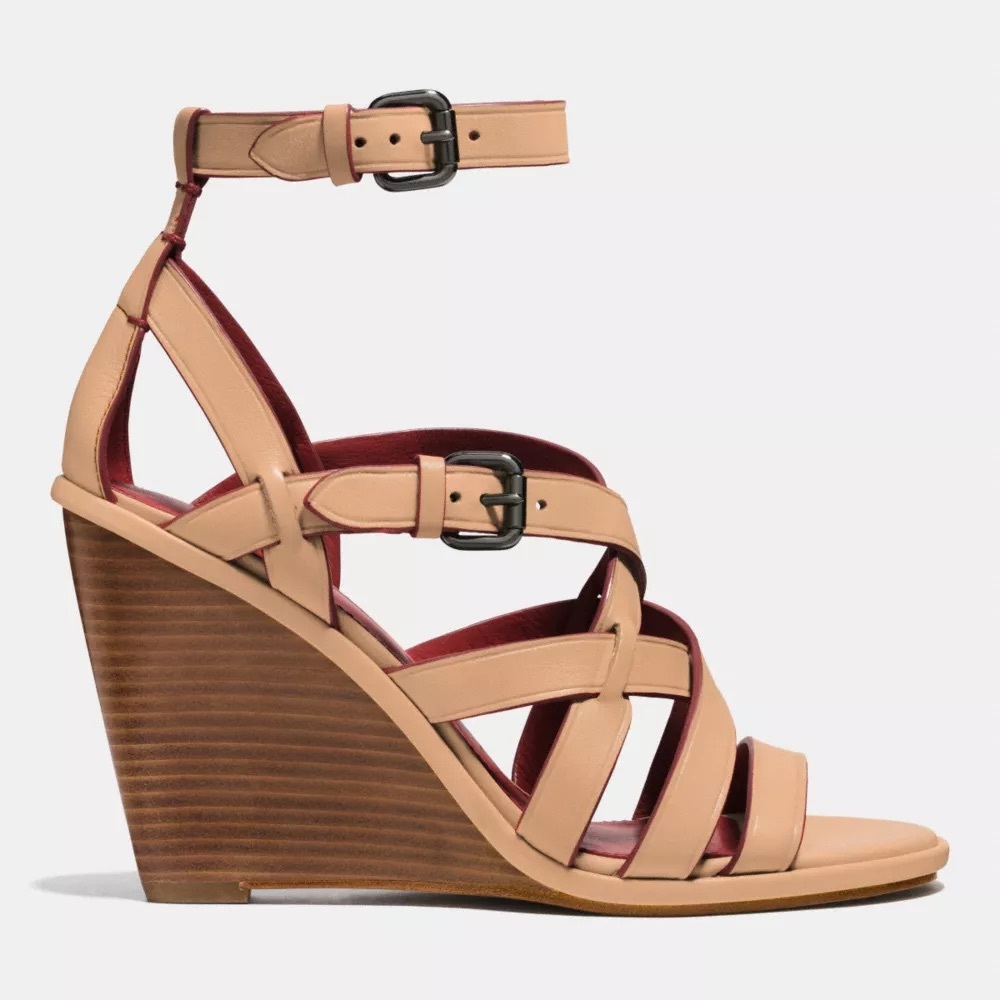 Coach Beige Leather Strappy Wedge Sandals with Red Accents Size 9 GUC